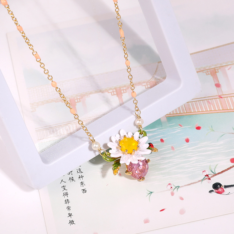 Hand Painted Enamel Glaze Pink Petals Pendant Necklace
