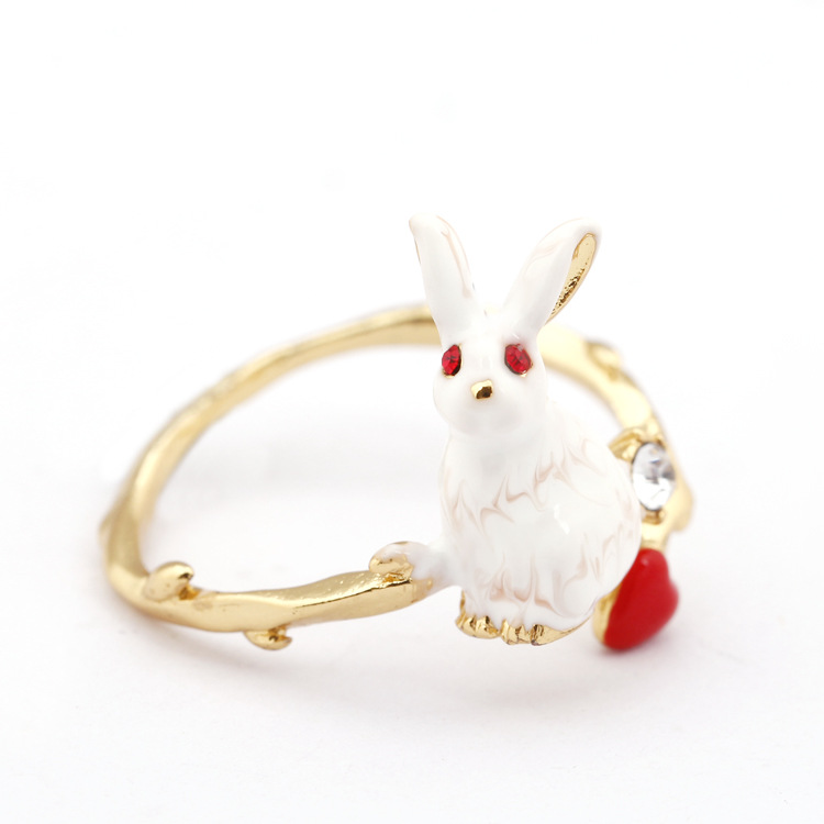 Hand Painted Enamel Glaze White Rabbit Vintage Red Heart Ring Adjustable Size