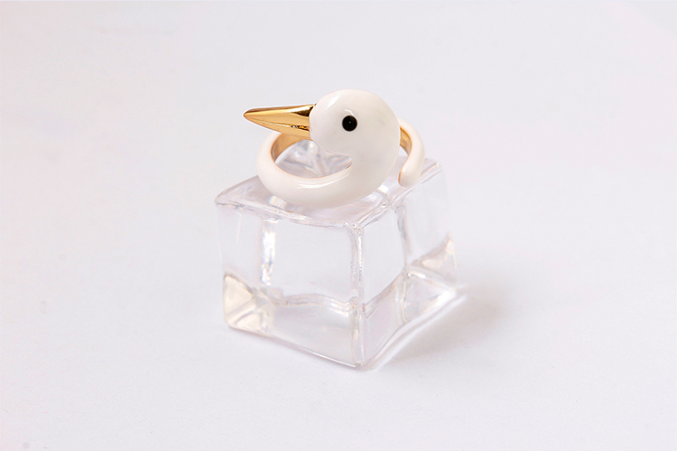 Hand Painted Enamel Glaze White Swan Ring Adjustable Size