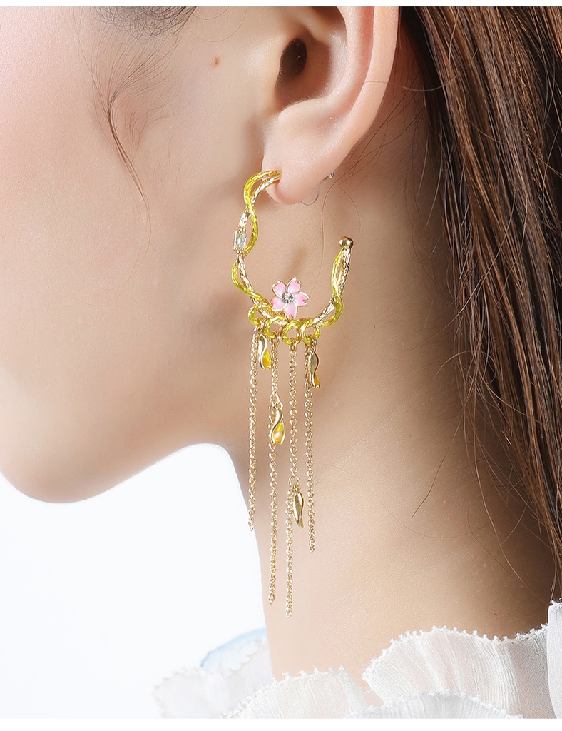 Hand Painted Enamel Glazed Cherry Blossoms Flower Tassel Earrings 925 Silver Needle