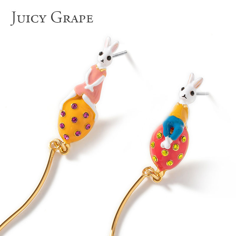 Hand Painted Enamel Glazed Couple Rabbit Balloon Inlaid Gem Earrings