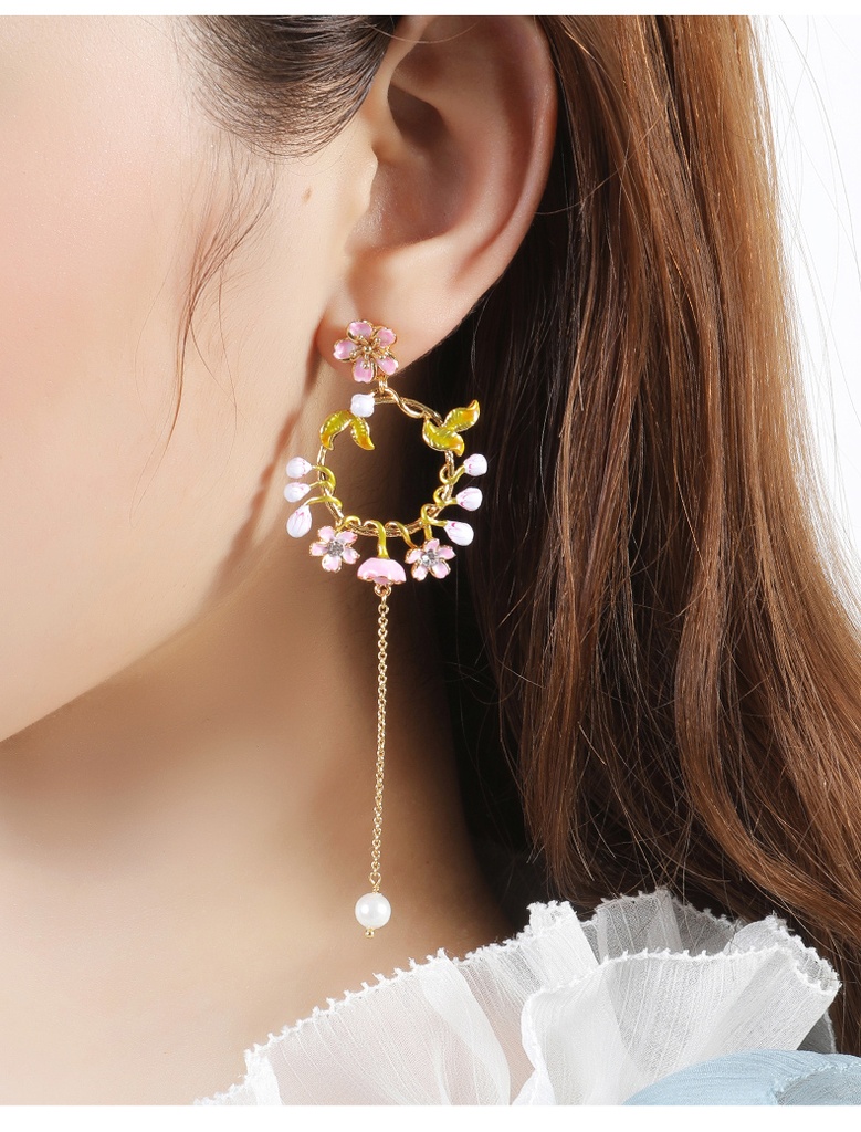 Hand Painted Enamel Glazed Cherry Blossoms Flower Inlaid Gem Pearl Circle Tassel Earrings