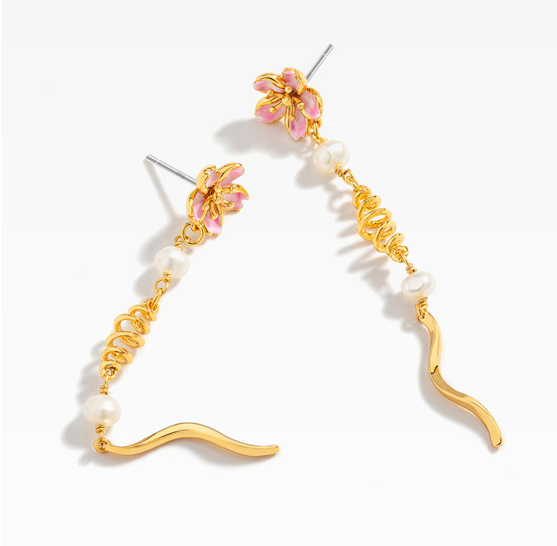 Hand Painted Enamel Glazed Cherry Blossoms Flower Natural Pearl Earrings