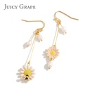 Hand Painted Enamel Glazed Daisy Little Bee Natural Pearl Hook Earrings Gold Plated Copper