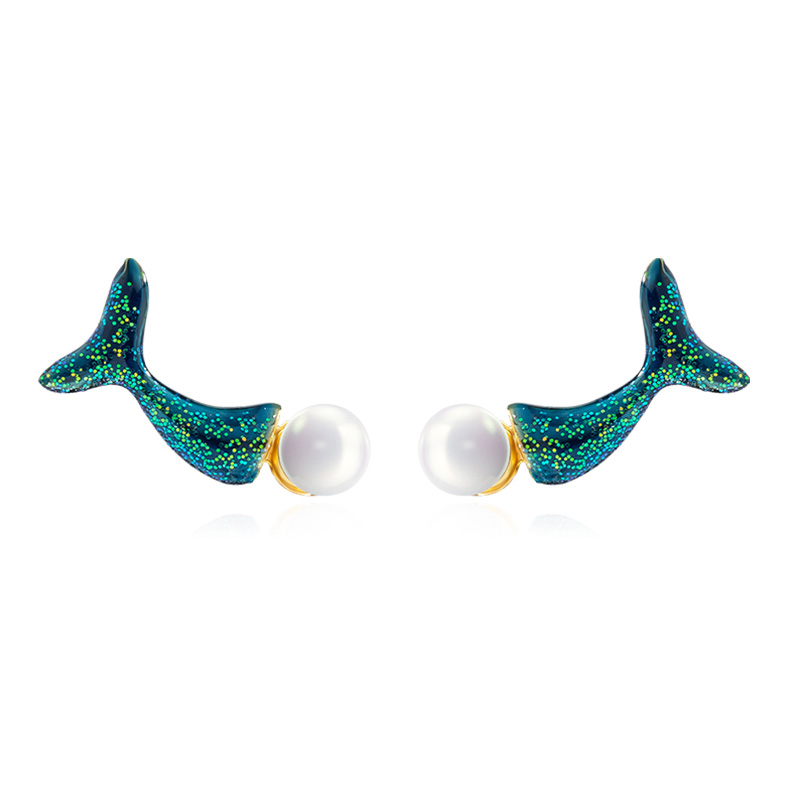 Hand Painted Enamel Glazed Dolphin Fish Tail Natural Pearl Stud Earrings