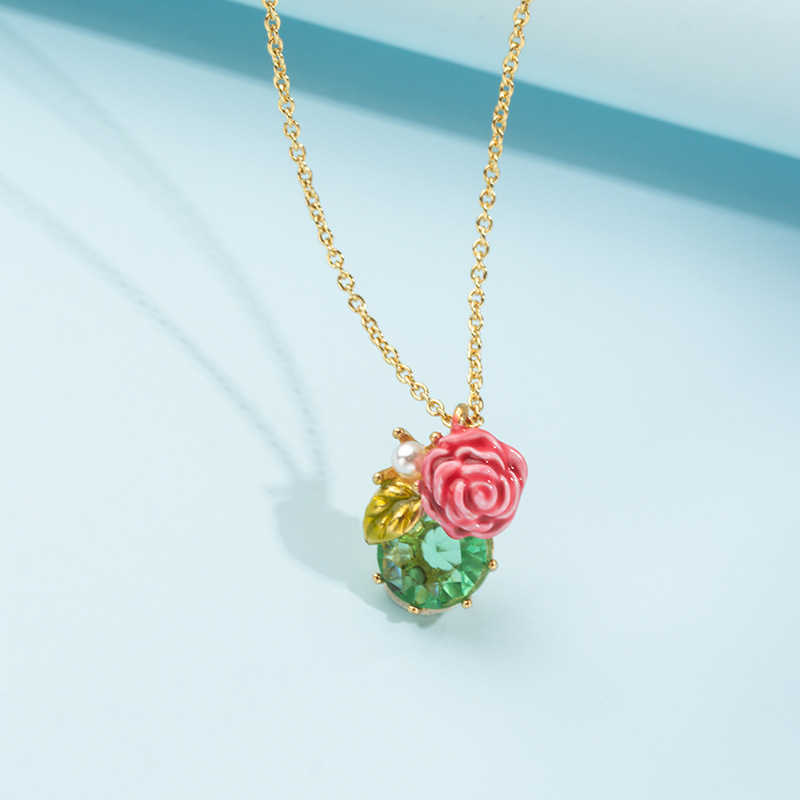 Rose and Green Gemstone Pendant Enamel Necklace