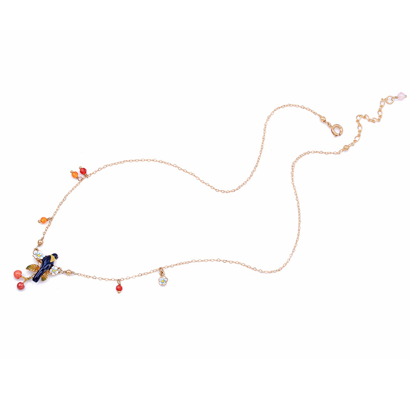 Oriole Bird Cherry Enamel Pendant Necklace