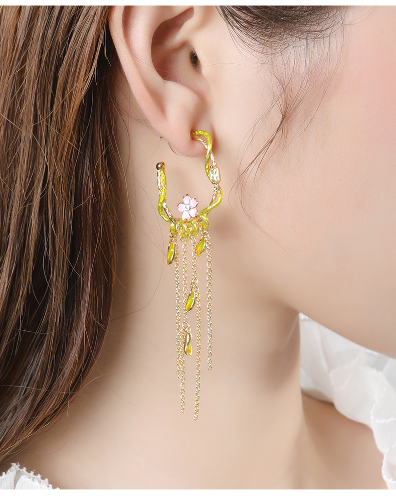 Cherry Blossom Flower Tassel Enamel Stud Earrings