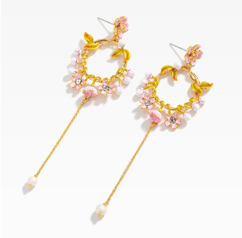 Cherry Blossom Flower Pearl Tassel Enamel Stud Earrings