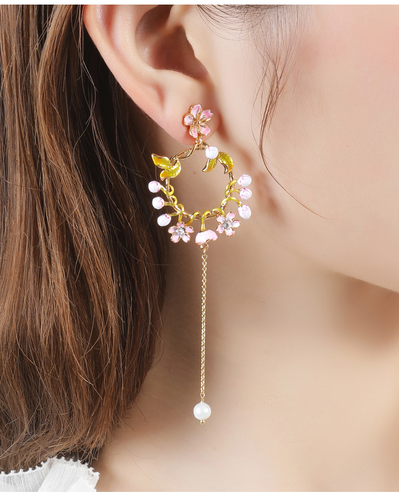 Cherry Blossom Flower Pearl Tassel Enamel Stud Earrings