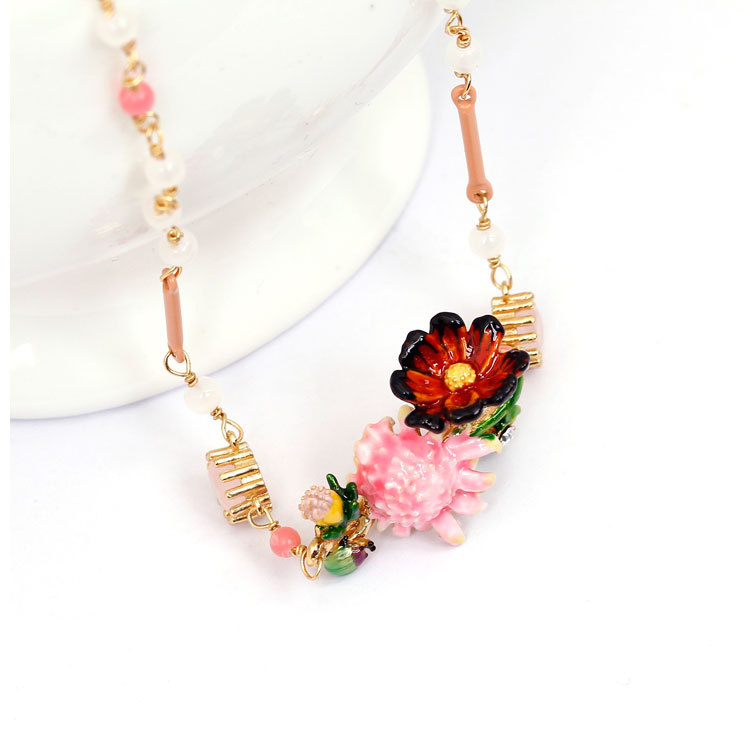 Pink Flower And Stone Enamel Necklace