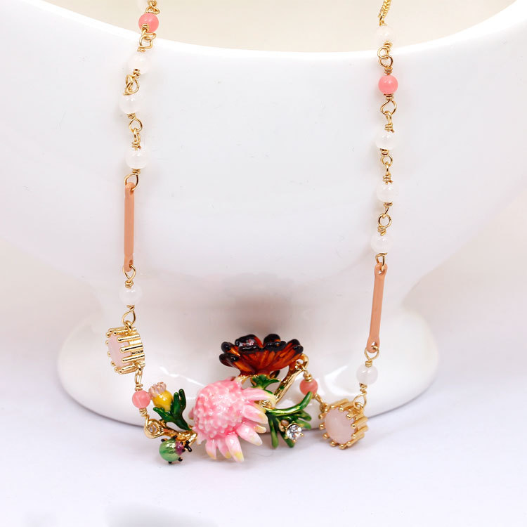 Pink Flower And Stone Enamel Necklace
