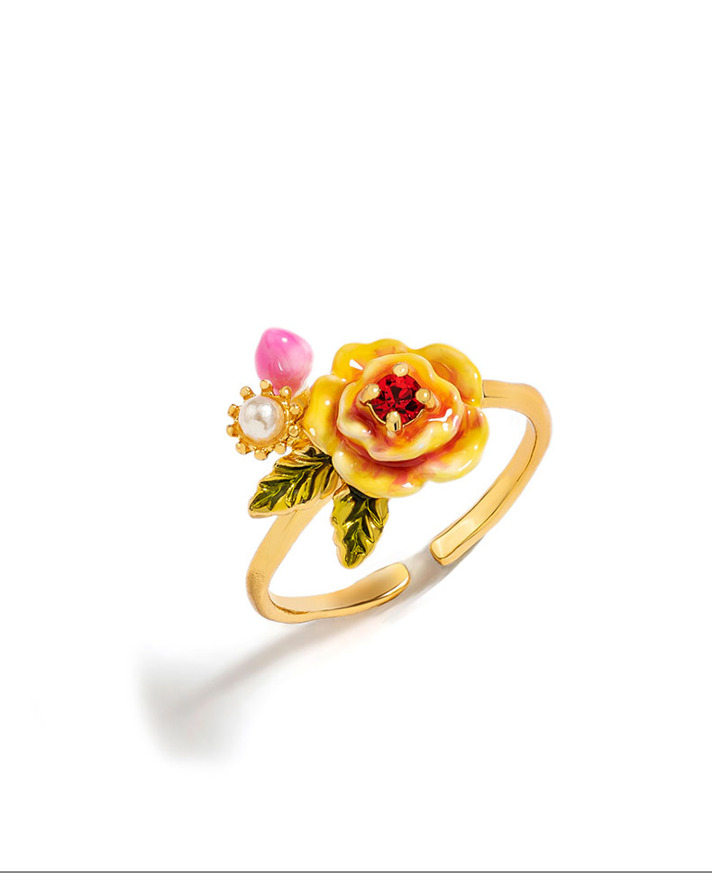 Orange Yellow Flower And Stone Enamel Adjustable Ring