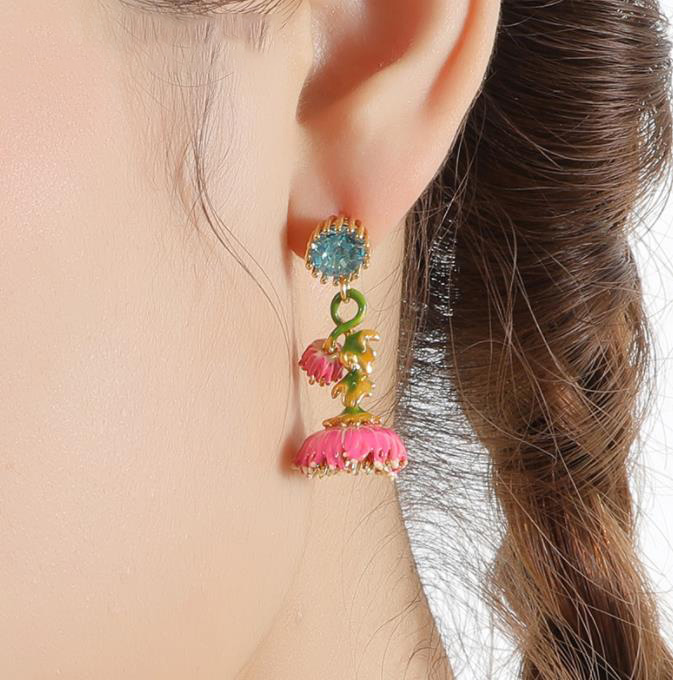 Hand Painted Enamel Glazed Flower Inlaid Gem Open Ring Gold Plated Copper