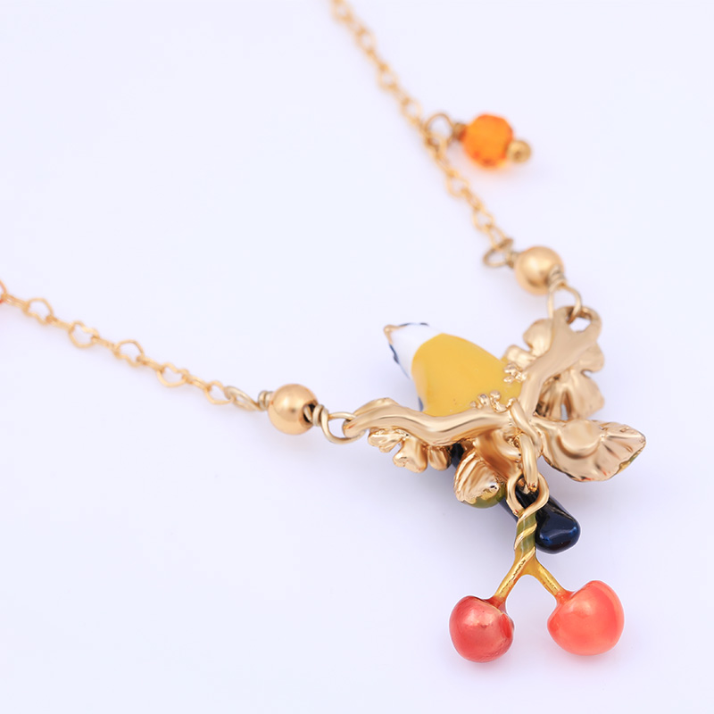 Oriole Bird Cherry Enamel Pendant Necklace