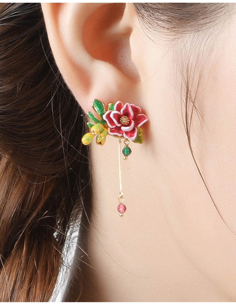 Dahlia Red Flower Yellow Bud And Bead Enamel Earrings