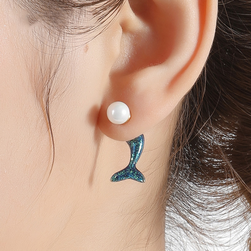 Hand Painted Enamel Glazed Dolphin Fish Tail Natural Pearl Stud Earrings