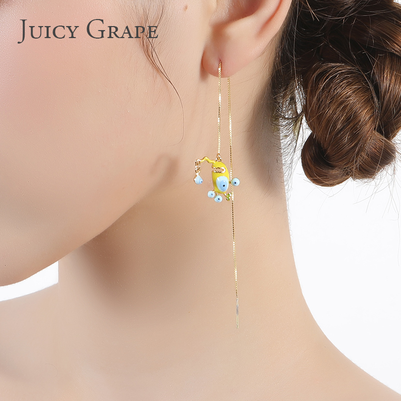 Hand Painted Enamel Glazed Jellyfish Chain Tassel Open Cuff Adjustable Ring Gold Plated
