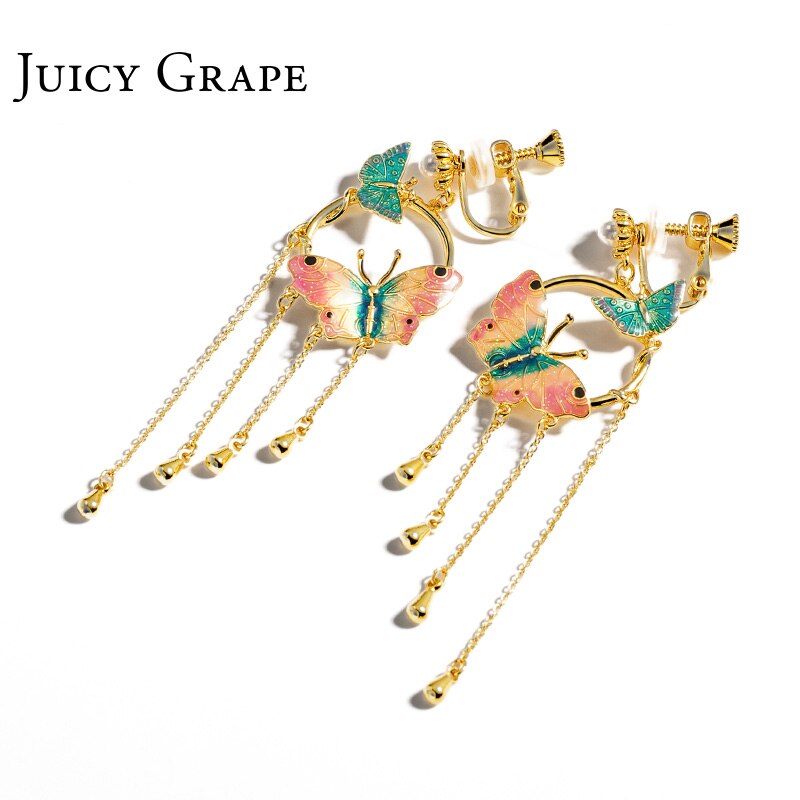 Butterfly Long Tassels Enamel Glazed Stud Clip Jewelry Earrings