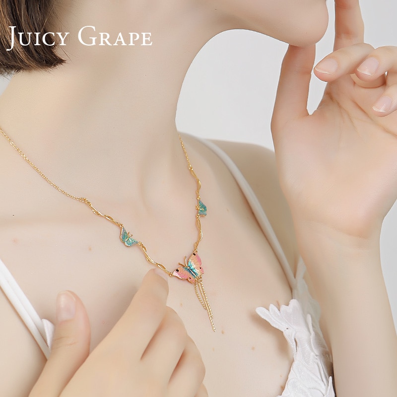 Butterfly Pendant Enamel Glaze Tassel Chain Necklace
