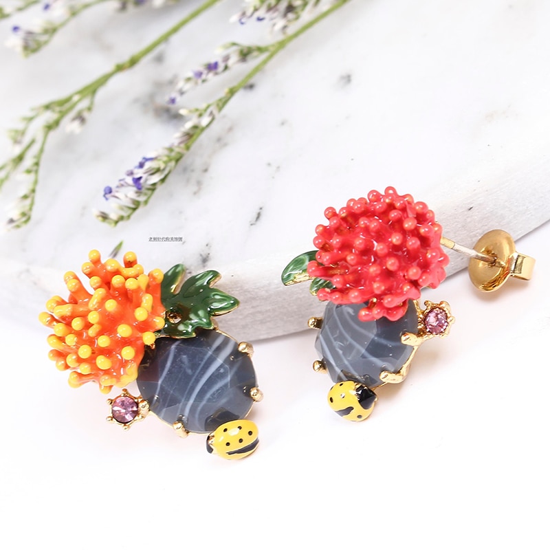 Calliopsis Ladybug Asymmetry Enamel Earrings Jewelry Stud Earrings