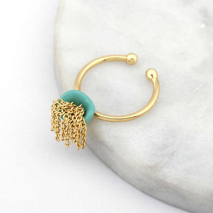 Hand Painted Enamel Glazed Jellyfish Chain Tassel Open Cuff Adjustable Ring Gold Plated