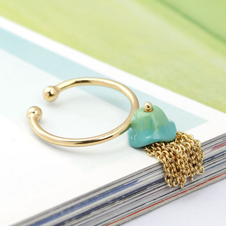Hand Painted Enamel Glazed Jellyfish Chain Tassel Open Cuff Adjustable Ring Gold Plated