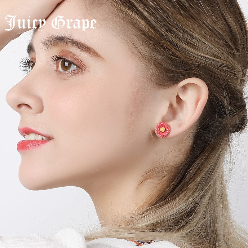 Hand Painted Enamel Glazed Red Flower Stud Clip Earrings Gold Plated