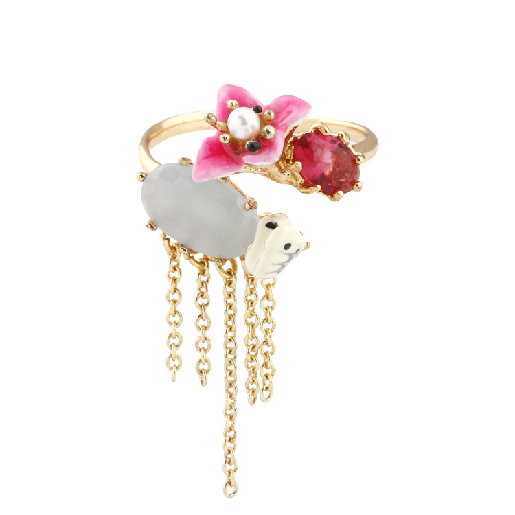 Hand Painted Enamel Little Pink Flower Tassel White Bear Ring Adjustable Size