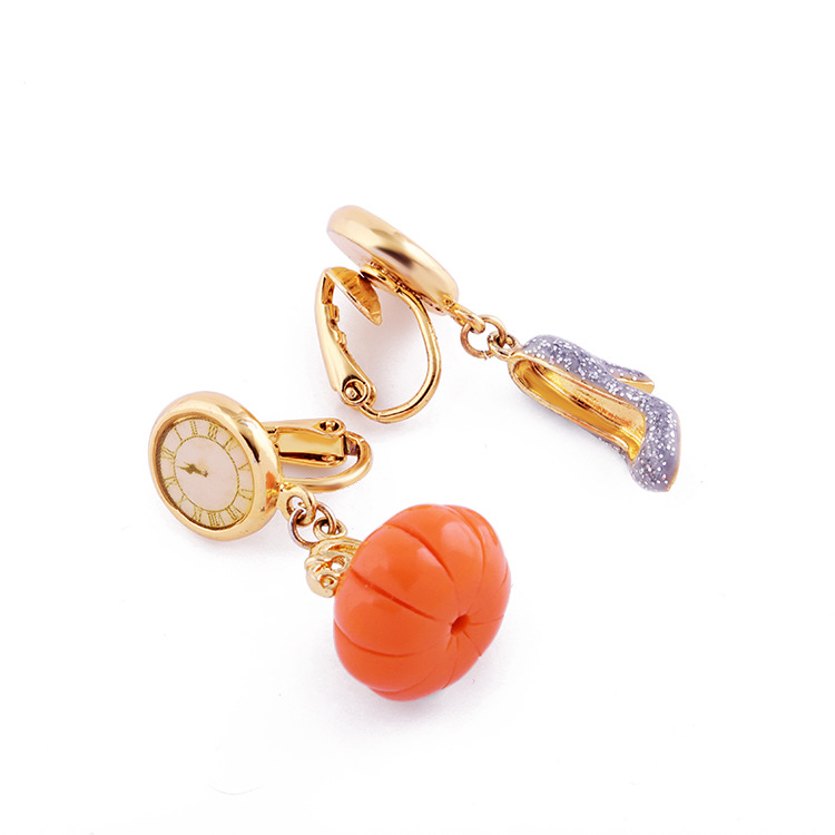 Clock Pumpkin High-heeled Shoes Enamel Earrings Stud Clip Earrings