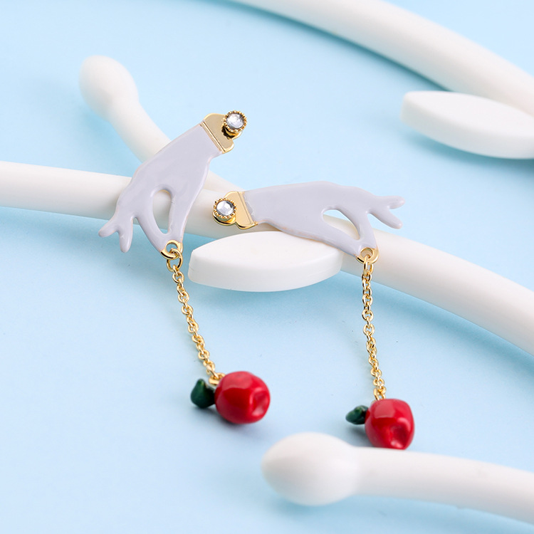 Hand Red Apple Enamel Earrings Jewelry Stud Hook Earrings