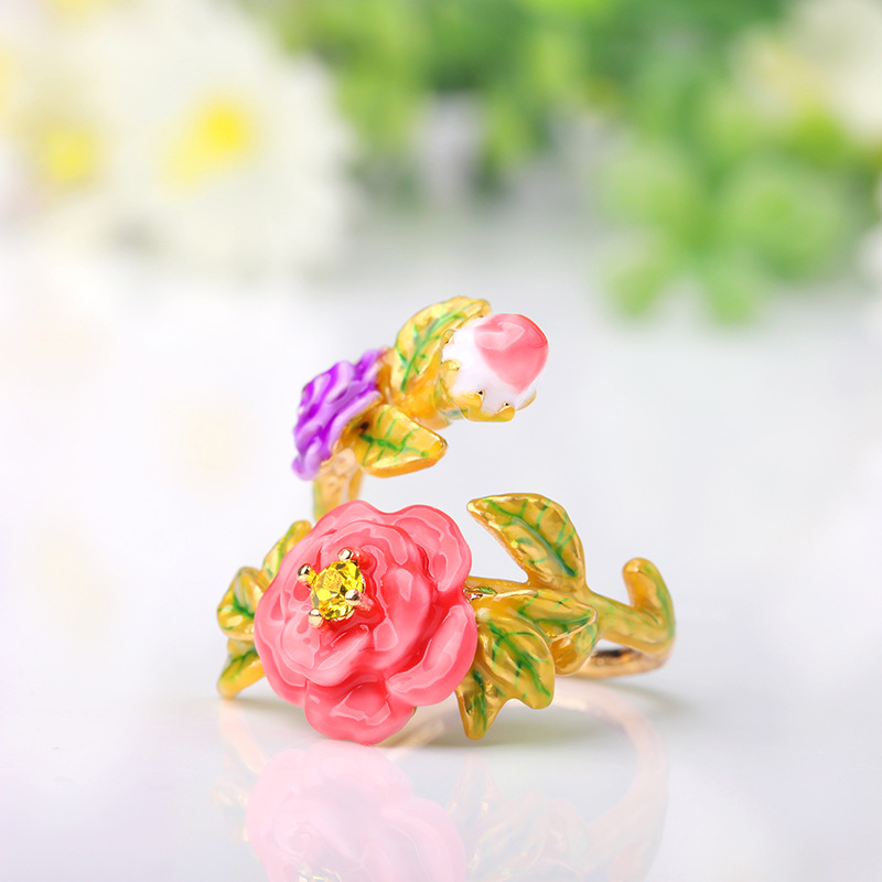 Hand Painted Enamel Pink Red Flower Inlay Zircon Stone Ring Adjustable Size