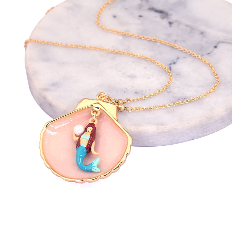 Hand-painted Enamel Glazed Mermaid Pearl Colored Shell Gilded Necklace