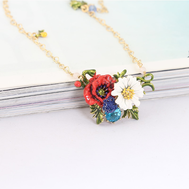 Hand-painted Enamel Glazed Red Flower White Daisy Gilded Long Necklace