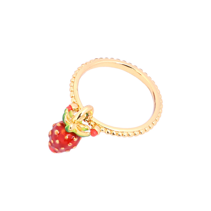 Hand Painted Enamel Strawberry Ring Adjustable Size