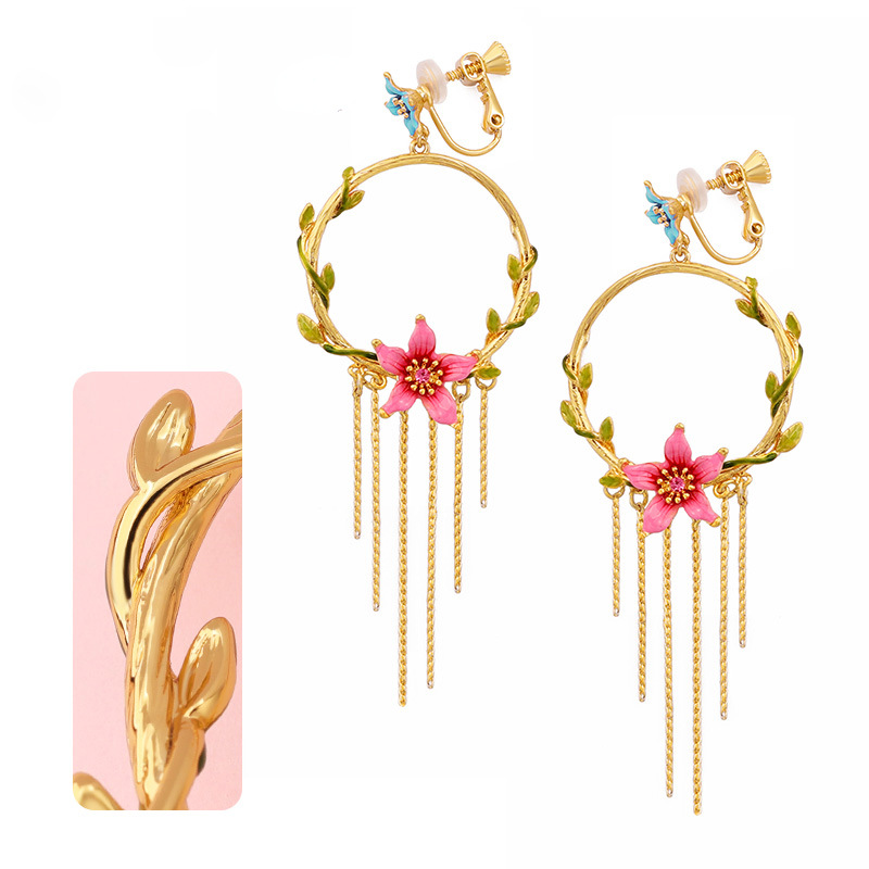 Hand-painted Flower Enamel Earrings Female Fashion long Tassel Pendant Earring
