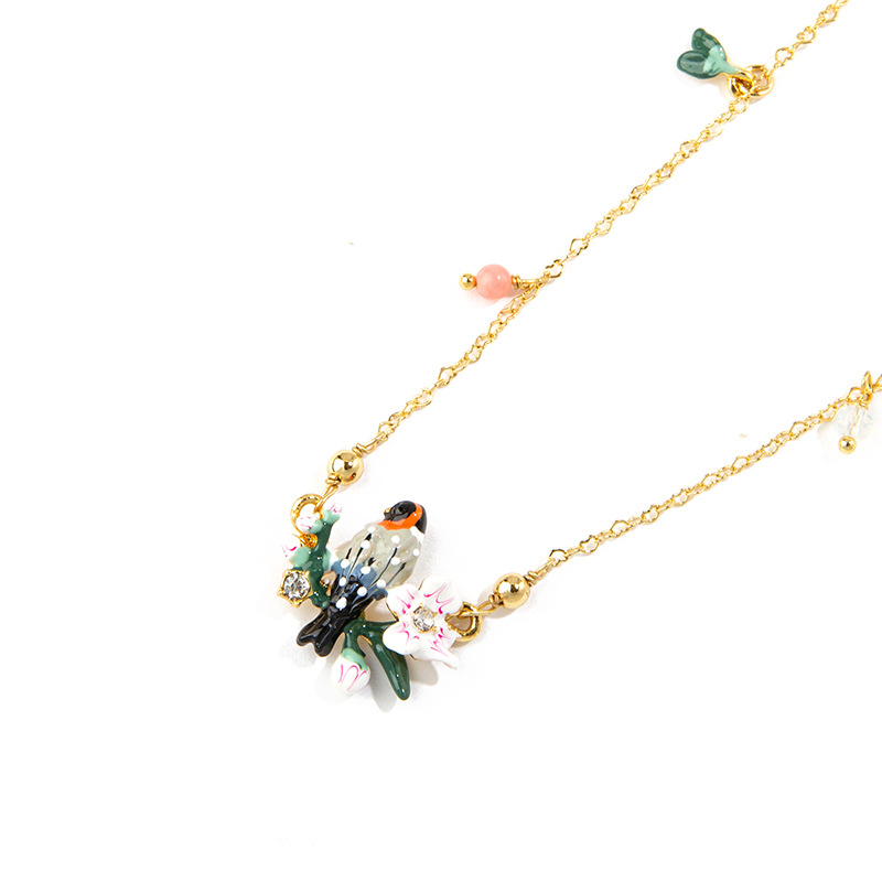 Handmade Enamel Romantic Cherry Blossoms Birds Gilded Necklace Clavicle Chain