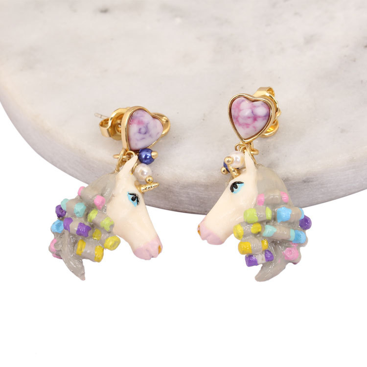 Heart Colorful Horse Head Enamel Earrings Jewelry Stud Clip Earrings