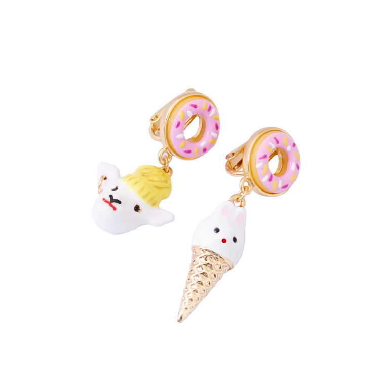 Ice Cream Rabbit Goat Asymmetric Enamel Earrings Jewelry Stud Clip Earrings