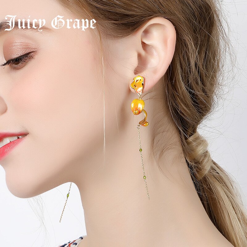 Juicy Grape Enamel Glazed Flower Long Tassel Stud Earrings