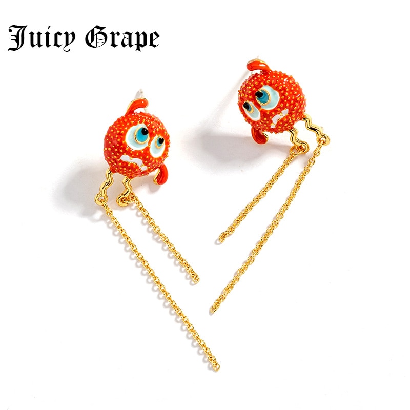 Juicy Grape Enamel Glazed Red Small Monster Cute Tassel Eardrop Stud Earrings