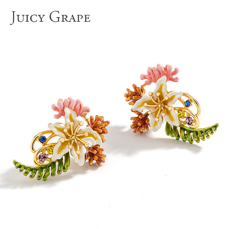 Hand Painted Enamel Glazed Sea Flower Artificial Gems 925 Silver Needle Earrings