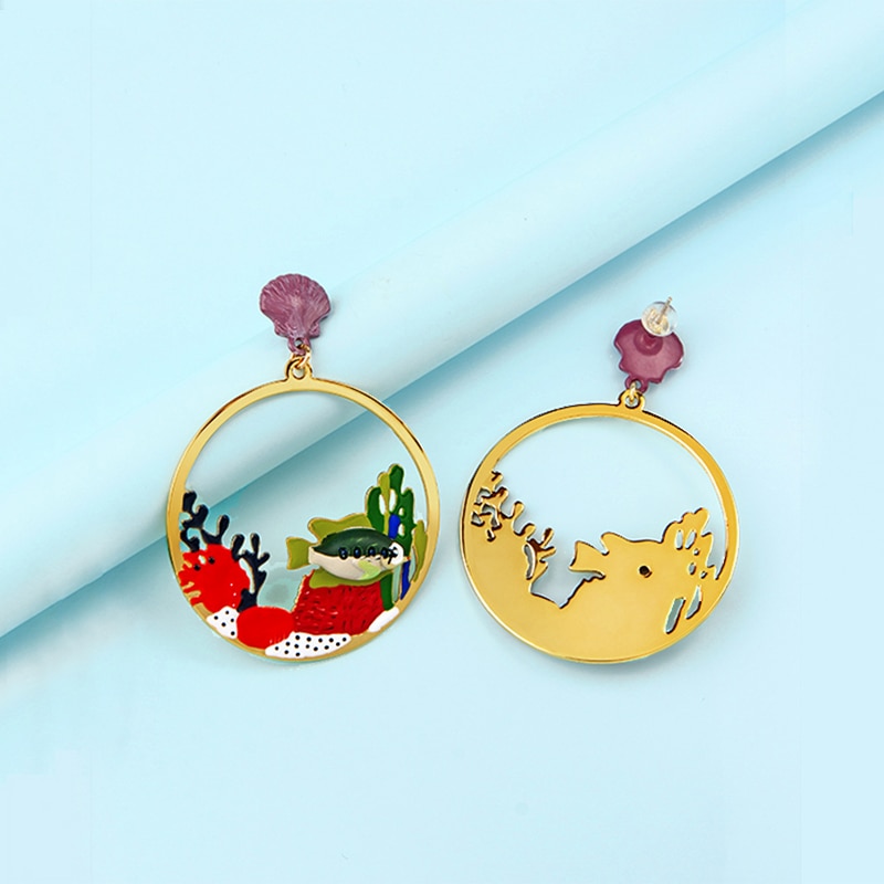 Coral Fish Circle Underwater World Pendant Gold Plated Stud Earrings