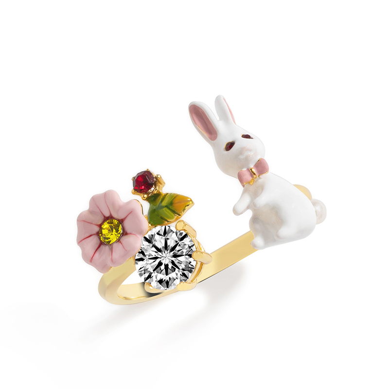 Rabbit and Flower Enamel Adjustable Ring