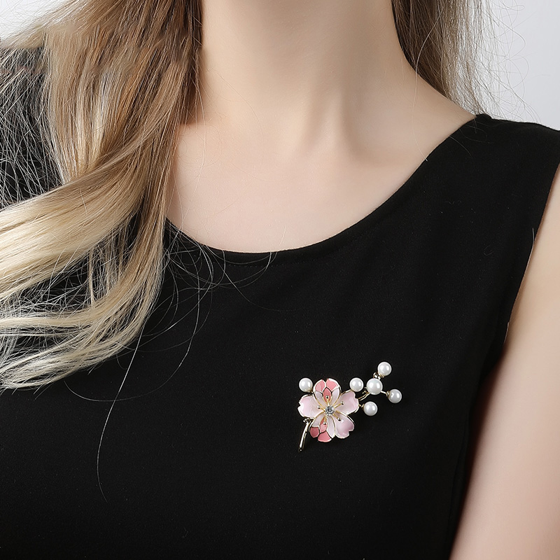 Peach Blossom Flower And Pearl Enamel Brooch