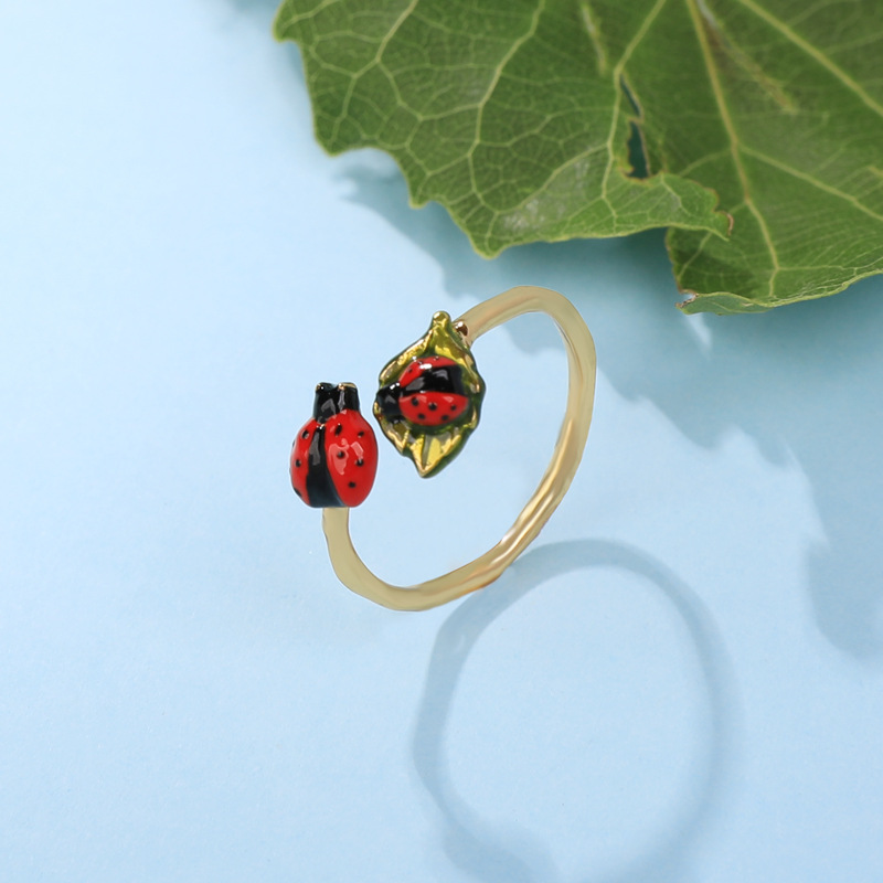 Ladybug And Leaf Enamel Adjustable Cuff Ring