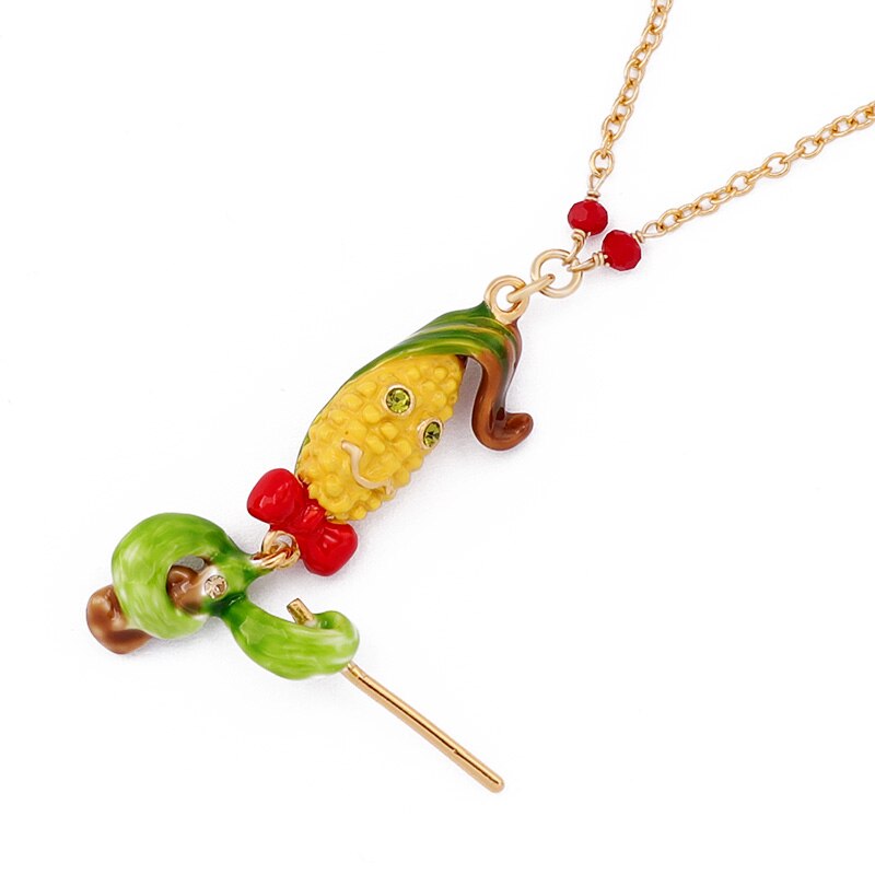 Corn Pendant Hand Painted Enamel Gold Plated Chain Necklace