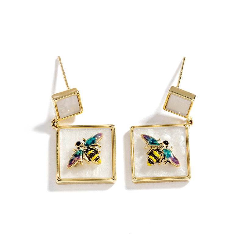 Colorful Bee On Natural Shell  Enamel Dangle Stud Earrings Jewelry Gift