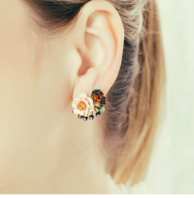 Pink Peony Apricot Flower Butterfly And Crystal Enamel Stud Earrings Jewelry Gift