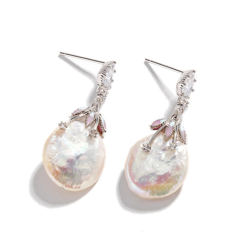 Baroque Pearl Silver Enamel Dangle Earrings Jewelry Gift